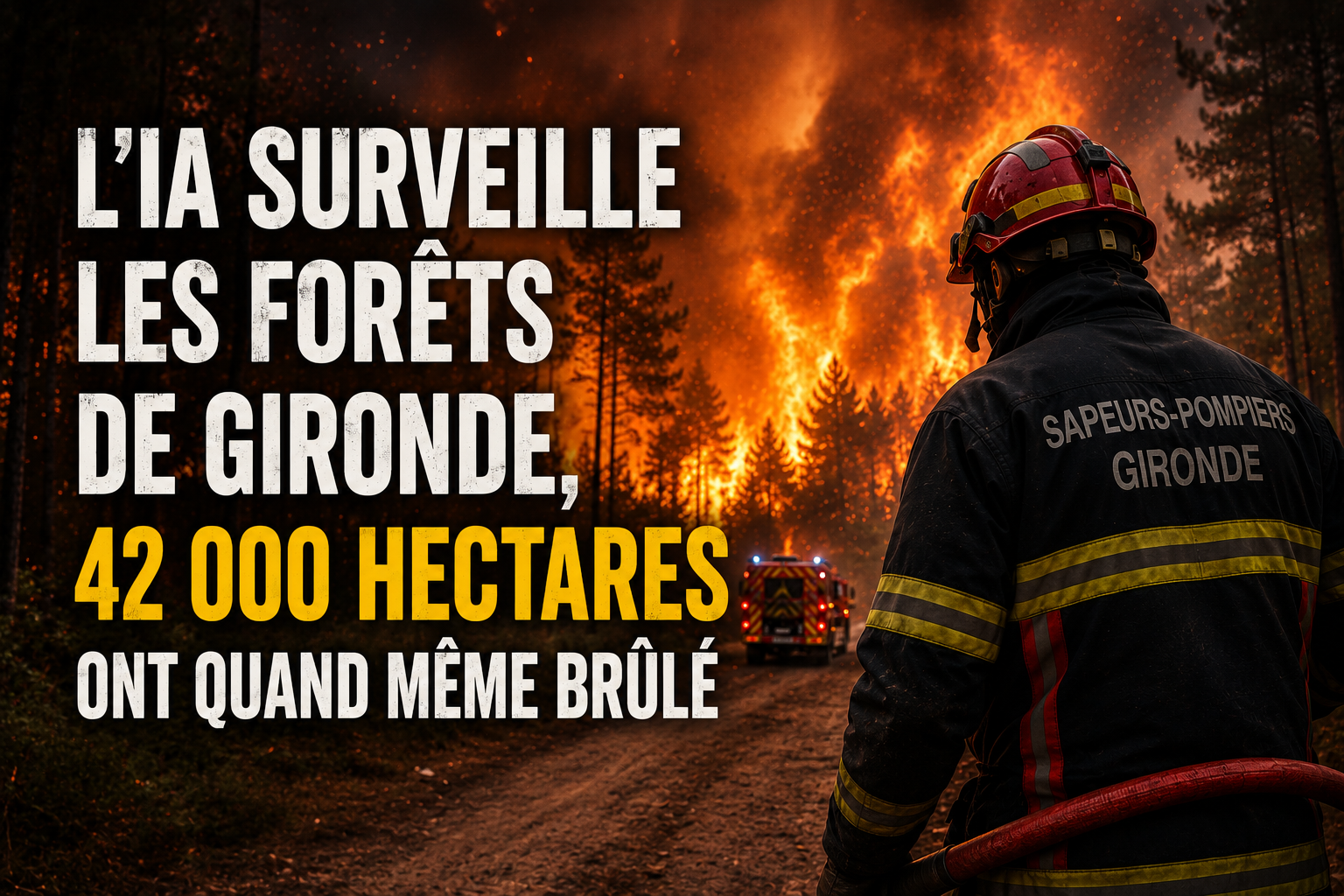 Illustration d'un sapeur-pompier de dos face à un incendie de forêt, un camion de pompiers visible au loin sur un chemin