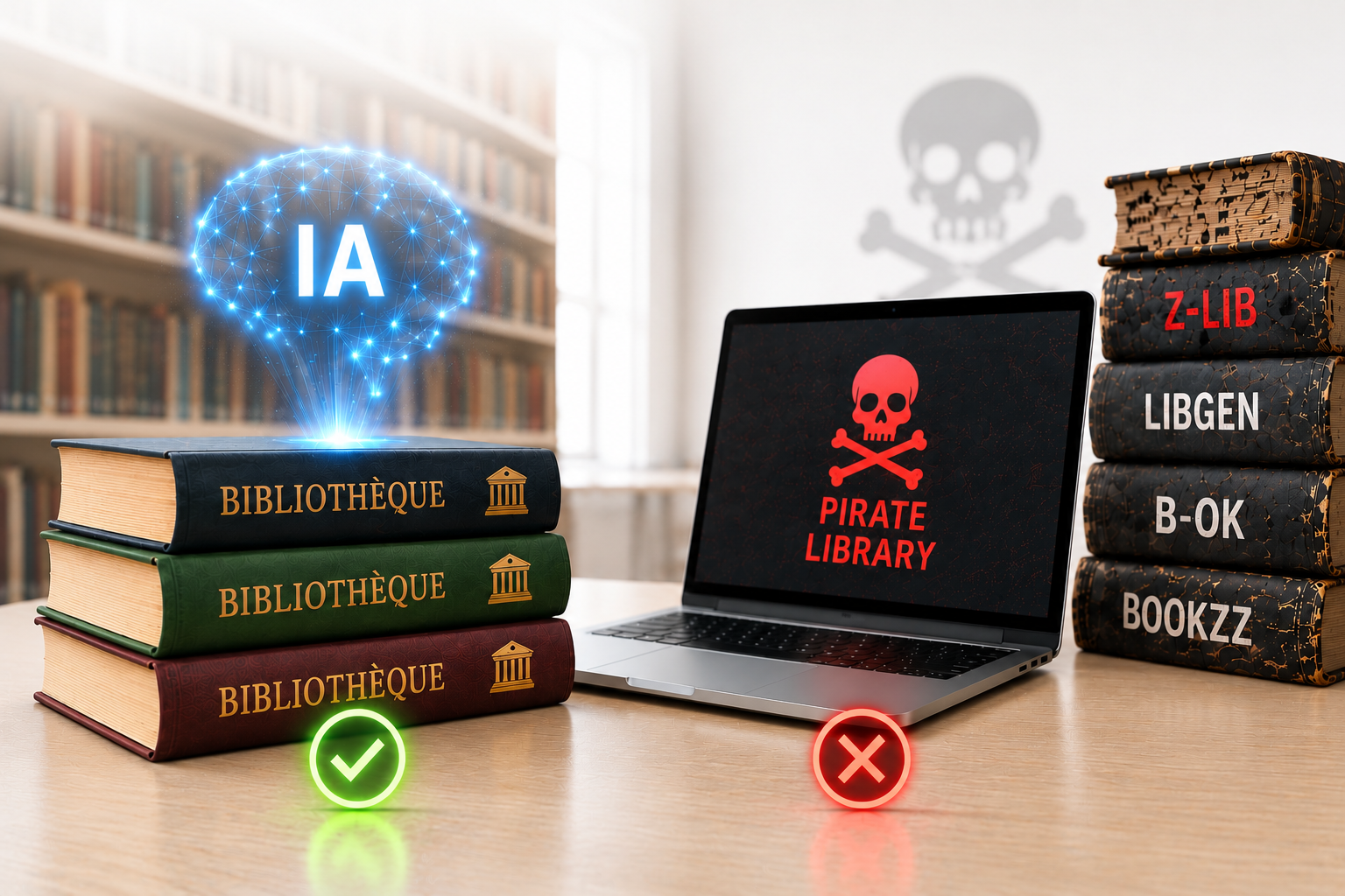 Illustration opposant une bibliothèque légale, validée par une coche verte et surmontée d'une IA, à un ordinateur affichant « Pirate Library » à côté d'une pile de livres marqués Z-Lib, LibGen, B-OK et Bookzz, signalé par une croix rouge.