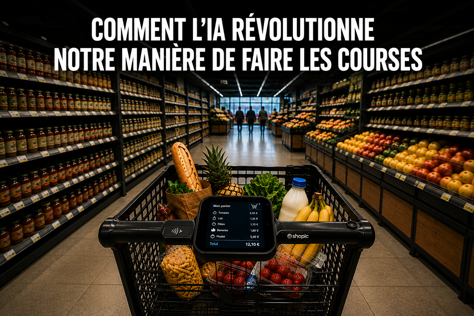 Un chariot de supermarché connecté équipé d'un écran Shopic affichant le panier et le total en temps réel, rempli de fruits, légumes et produits, dans une allée de supermarché