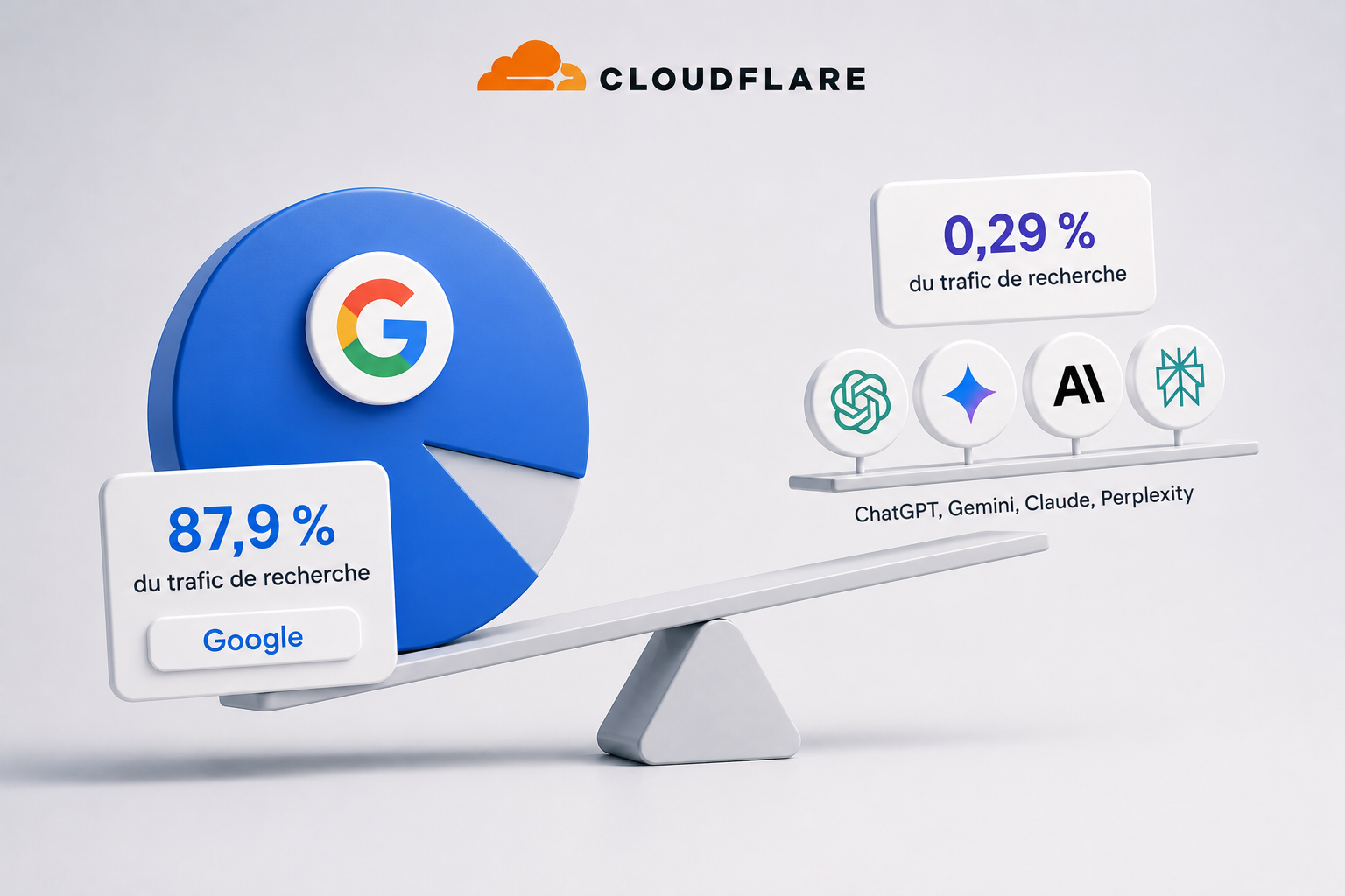 Illustration comparant la part du trafic de recherche envoyee par Google et celle des grands chatbots IA, avec 87,9 % pour Google et 0,29 % pour ChatGPT, Gemini, Claude et Perplexity.