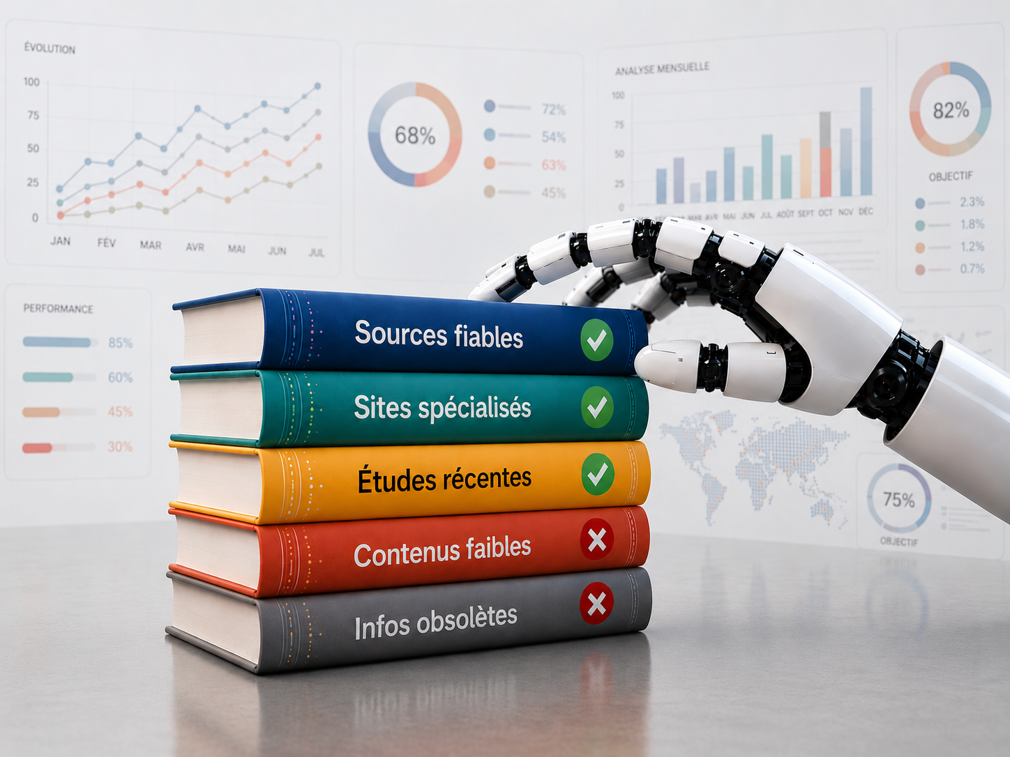 Illustration de livres empilés indiquant des sources fiables, des sites spécialisés, des études récentes, des contenus faibles et des informations obsolètes, avec une main robotique les sélectionnant.