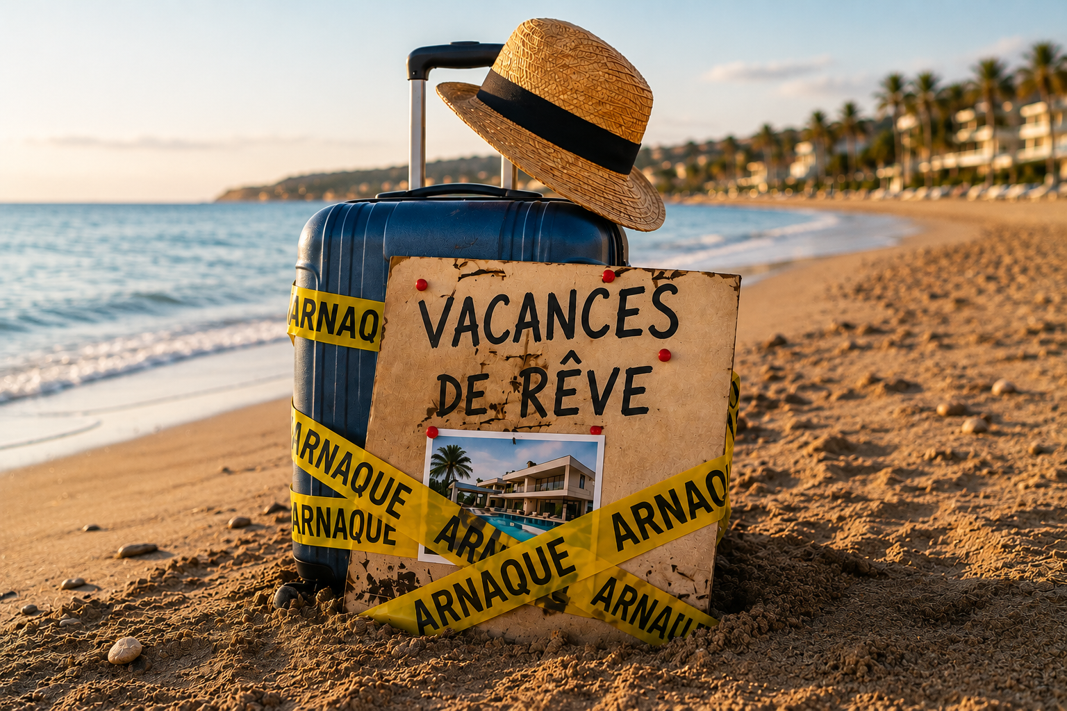 Une valise à roulettes et un chapeau de paille posés sur une plage, devant une pancarte « Vacances de rêve » barrée de rubans de chantier jaunes marqués « ARNAQUE »