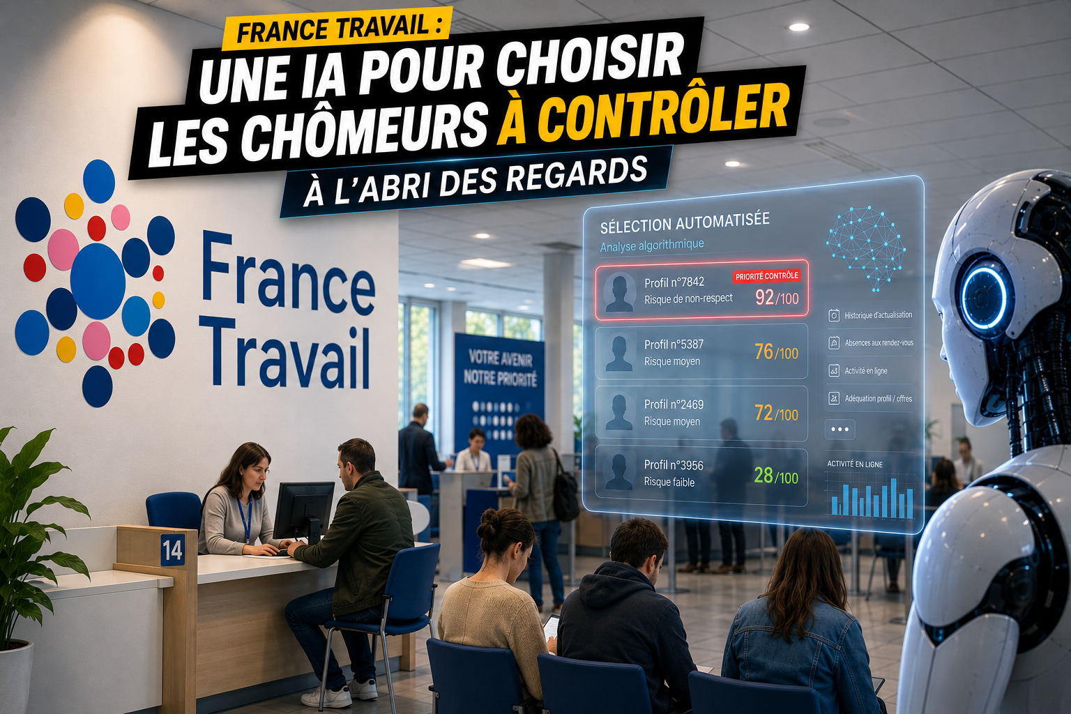 Illustration « France Travail : une IA pour choisir les chômeurs à contrôler » — un espace d'accueil France Travail avec un tableau de bord de notation algorithmique affichant des profils et des scores de risque de contrôle.