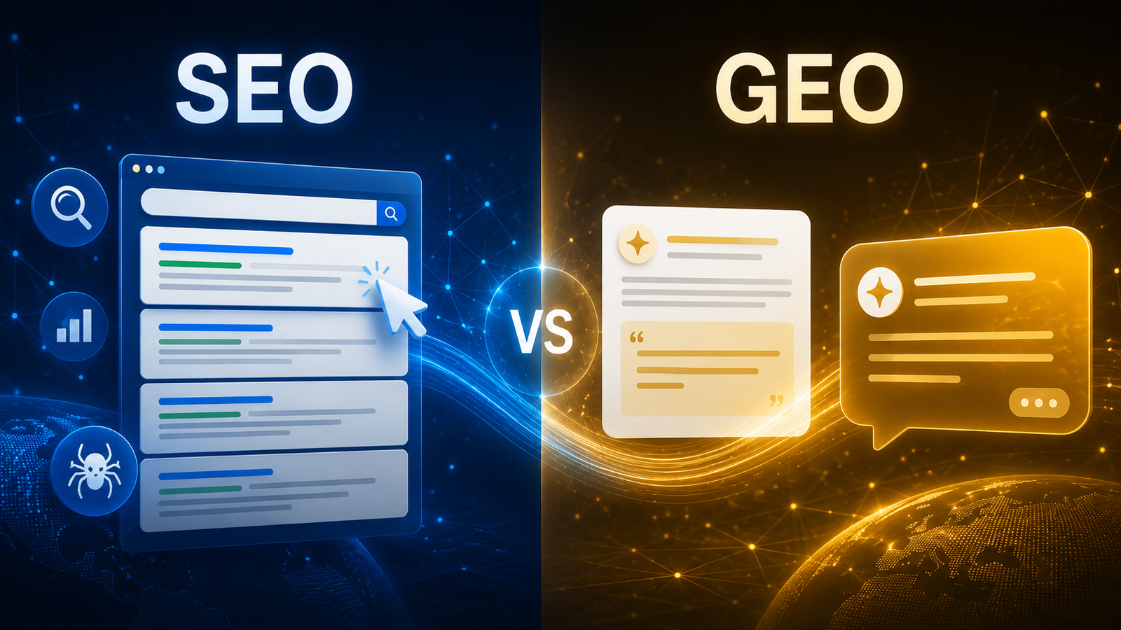 Illustration opposant SEO et GEO, avec a gauche une page de resultats de recherche cliquables et a droite des cartes de reponse generee par IA reliees par un visuel compare.