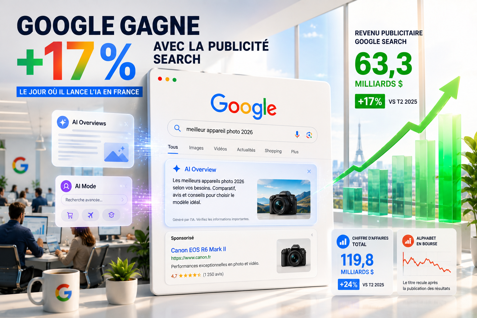Illustration « Google gagne +17 % avec la publicité Search » : capture stylisée d'une recherche Google avec AI Overview, à côté des chiffres clés — 63,3 milliards de dollars de revenus publicitaires Search (+17 %), 119,8 milliards de chiffre d'affaires total (+24 %), et le titre Alphabet en recul en Bourse.