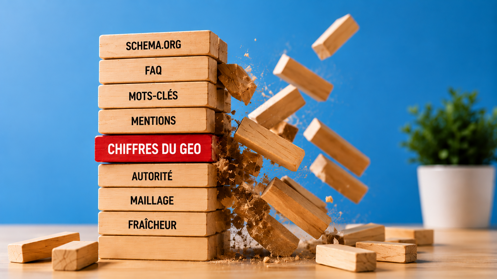 Illustration de blocs en bois empilés avec les mentions Schema.org, FAQ, mots-clés, mentions, chiffres du GEO, autorité, maillage et fraîcheur, une partie de la tour s'effondrant.