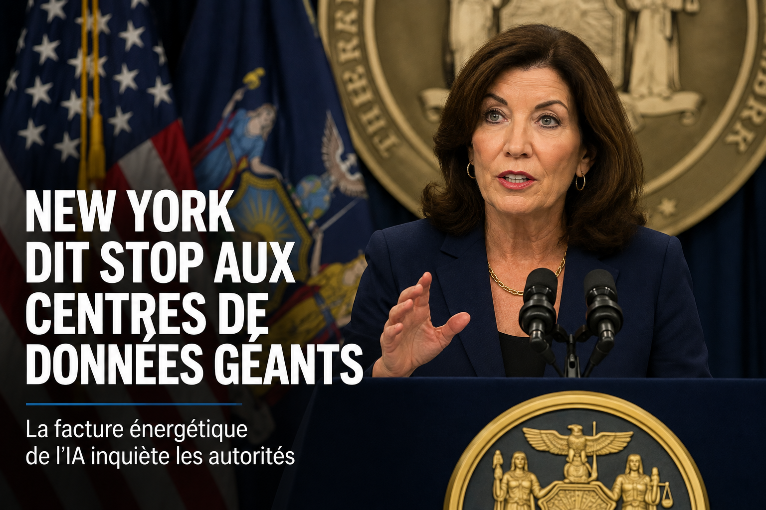 La gouverneure de New York Kathy Hochul s'exprimant à un pupitre devant les drapeaux américain et de l'État de New York, avec le titre « New York dit stop aux centres de données géants »